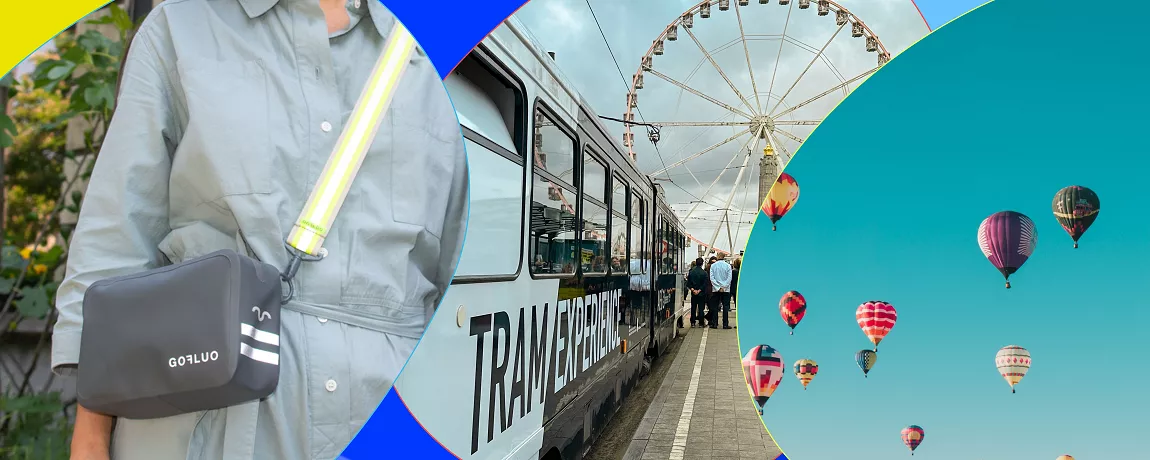 Sacoche réfléchissante GOFLUO, tram gastronomique Tram Experience et montgolfières en référence à l'expérience disponible dans le Bongo à gagner